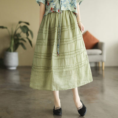 Women Summer Thin Linen Casual A-Line Skirt Apr 2023 New Arrival Green One Size 