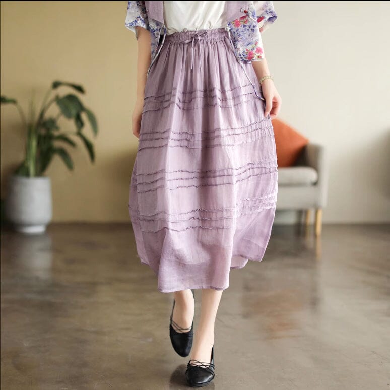Women Summer Thin Linen Casual A-Line Skirt Apr 2023 New Arrival Purple One Size 