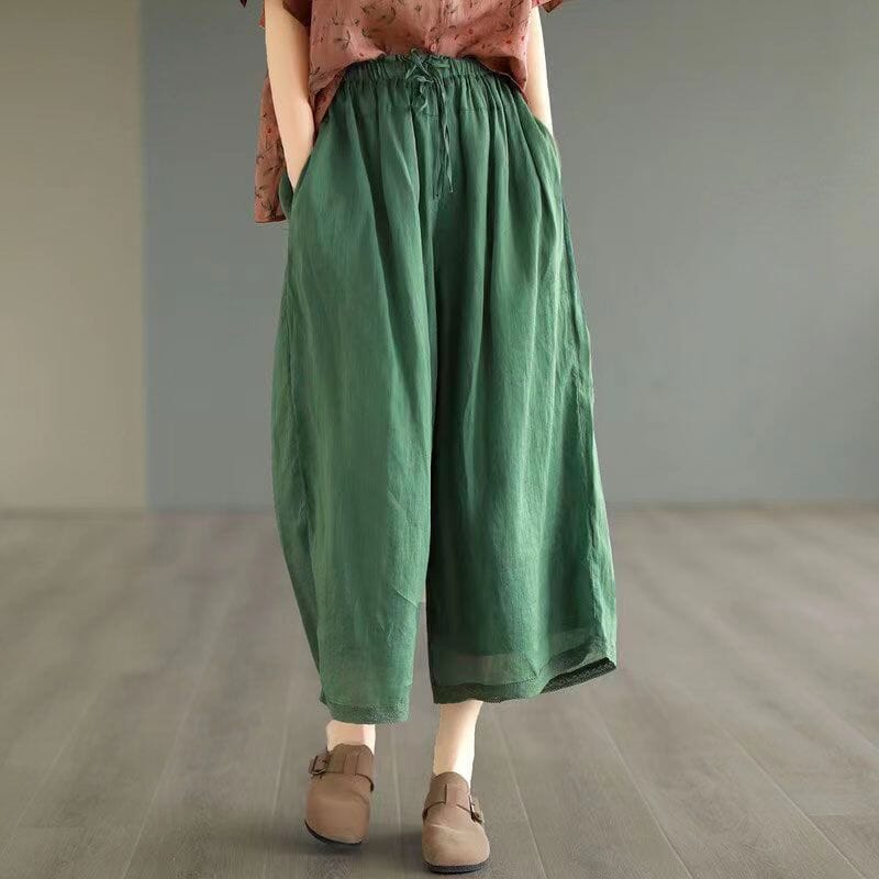 Women Summer Thin Linen Casual Wide Leg Pants Jun 2023 New Arrival M Green 