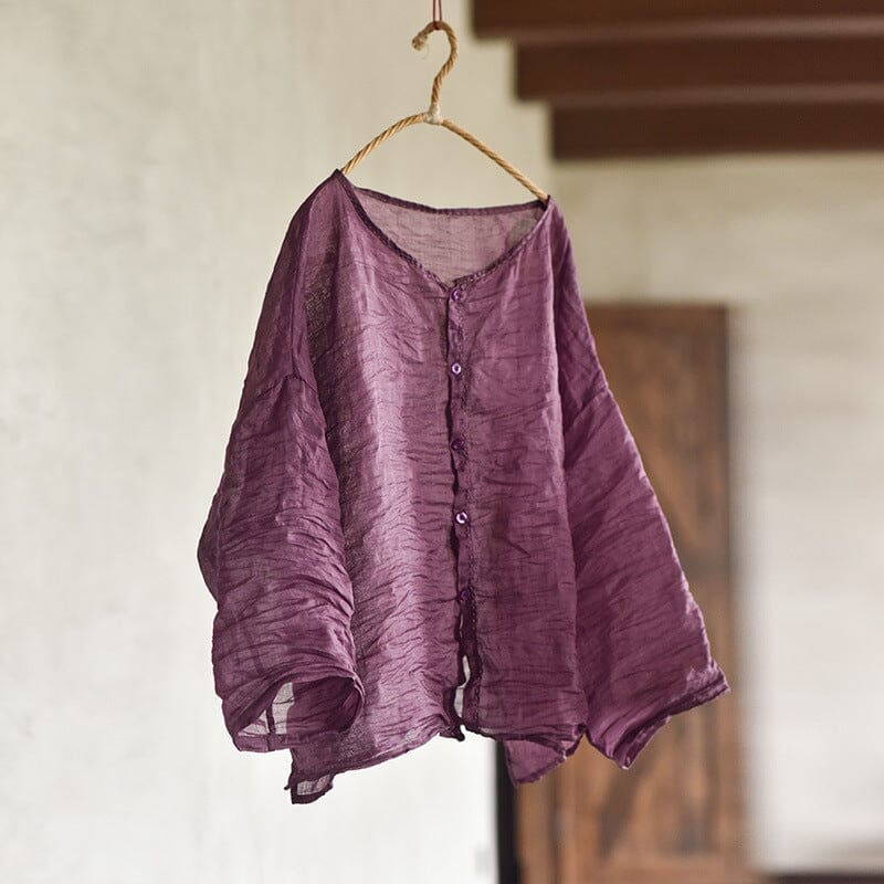 Women Summer Thin Linen Retro Plaited Blouse Jul 2023 New Arrival Purple One Size 