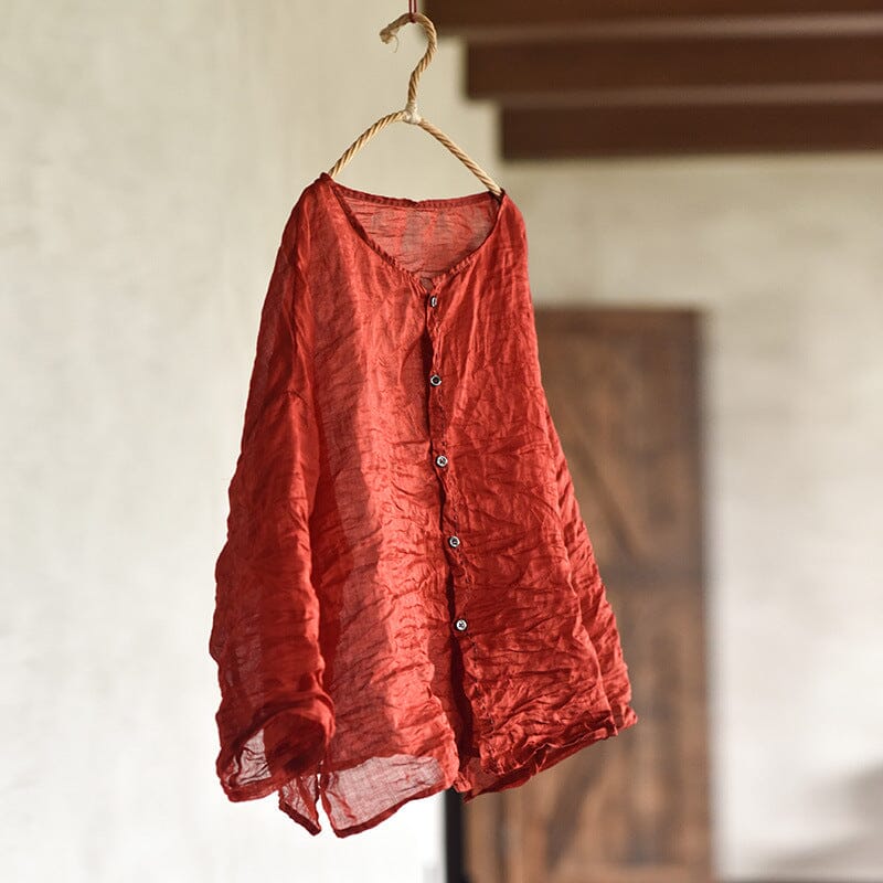 Women Summer Thin Linen Retro Plaited Blouse Jul 2023 New Arrival Red One Size 