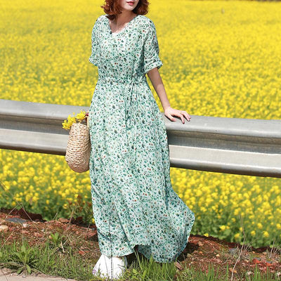 Women Summer V-Neck Printed Waisted Linen Short Sleeve Dress 2019 Jun New 