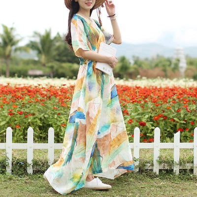 Women Summer V-Neck Printed Waisted Linen Short Sleeve Dress 2019 Jun New 