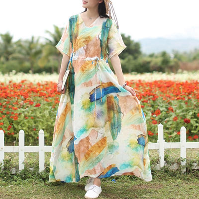 Women Summer V-Neck Printed Waisted Linen Short Sleeve Dress 2019 Jun New One Size Floral 