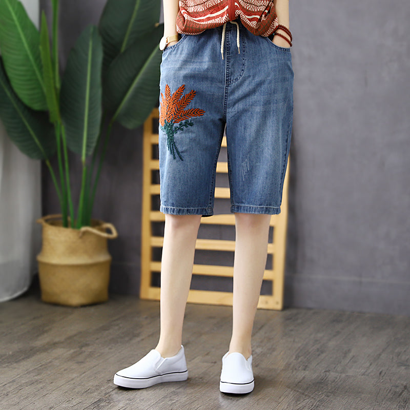 Women Summer Vintage Embroidery Cotton Denim Shorts May 2022 New Arrival 
