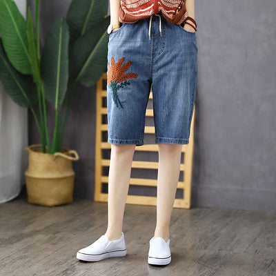 Women Summer Vintage Embroidery Cotton Denim Shorts May 2022 New Arrival 