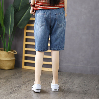Women Summer Vintage Embroidery Cotton Denim Shorts
