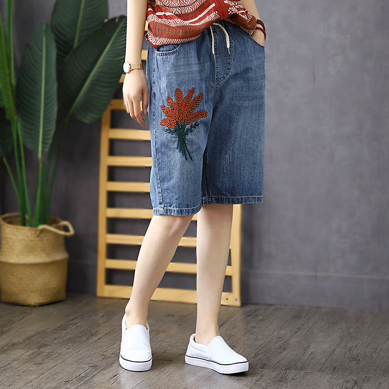 Women Summer Vintage Embroidery Cotton Denim Shorts May 2022 New Arrival M Blue 
