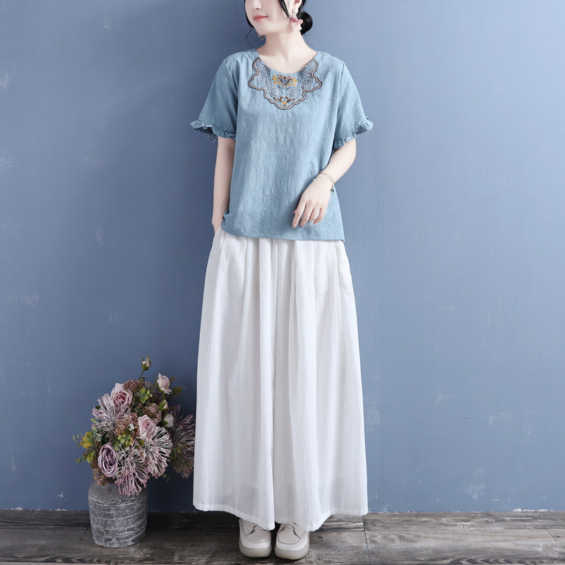 Women Summer Vintage Embroidery Ruffled T-Shirt May 2022 New Arrival 