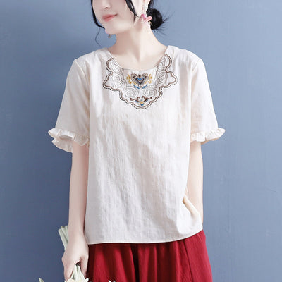 Women Summer Vintage Embroidery Ruffled T-Shirt May 2022 New Arrival One Size Apricot 