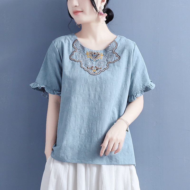Women Summer Vintage Embroidery Ruffled T-Shirt May 2022 New Arrival One Size Blue 