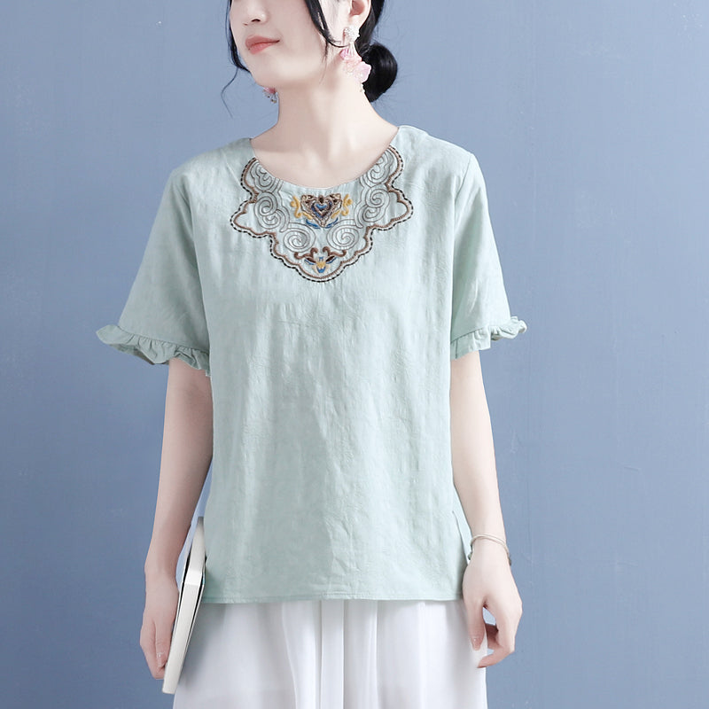 Women Summer Vintage Embroidery Ruffled T-Shirt