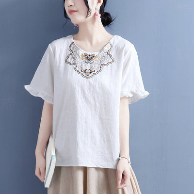 Women Summer Vintage Embroidery Ruffled T-Shirt May 2022 New Arrival One Size White 