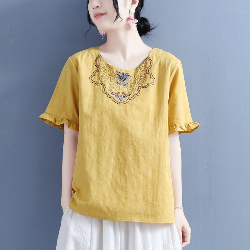 Women Summer Vintage Embroidery Ruffled T-Shirt May 2022 New Arrival One Size Yellow 