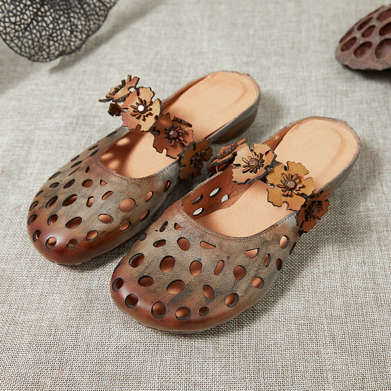 Women Summer Vintage Floral Hollow Leather Slippers