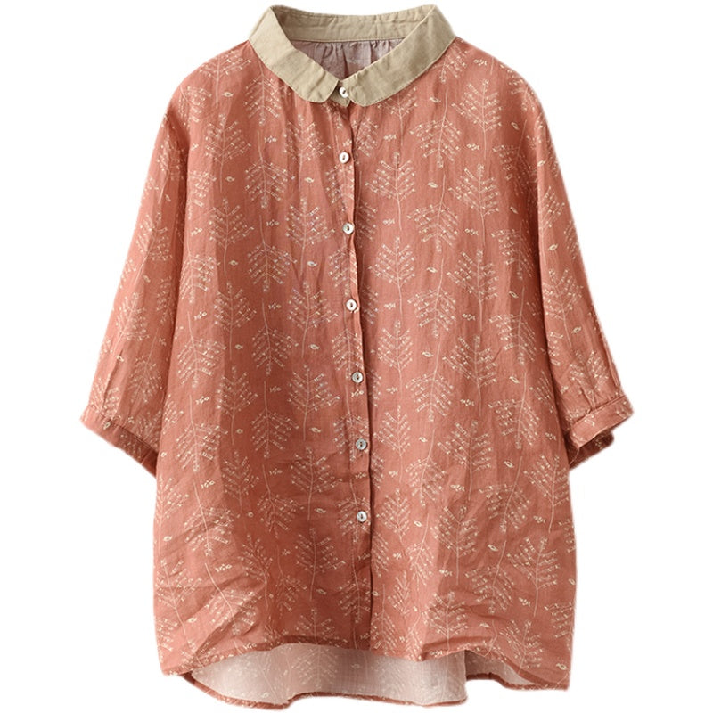 Women Summer Vintage Floral Linen Blouse May 2022 New Arrival 