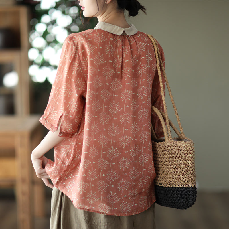 Women Summer Vintage Floral Linen Blouse May 2022 New Arrival 