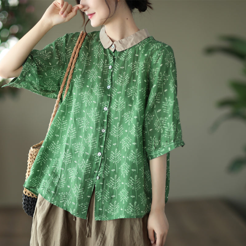 Women Summer Vintage Floral Linen Blouse May 2022 New Arrival One Size Green 