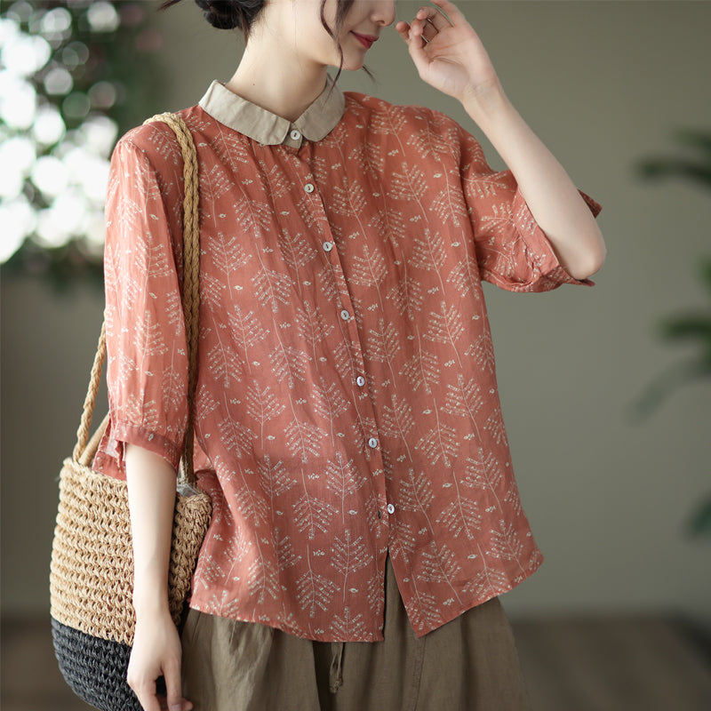 Women Summer Vintage Floral Linen Blouse May 2022 New Arrival One Size Orange 