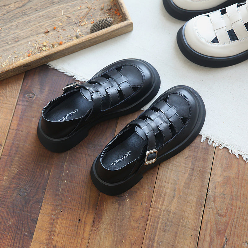 Women Summer Vintage Hollow Leather Casual Sandals Jun 2022 New Arrival 35 Black 