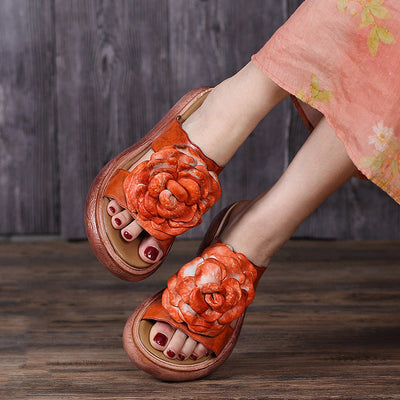 Women Summer Vintage Leather Floral Platform Slippers May 2022 New Arrival 