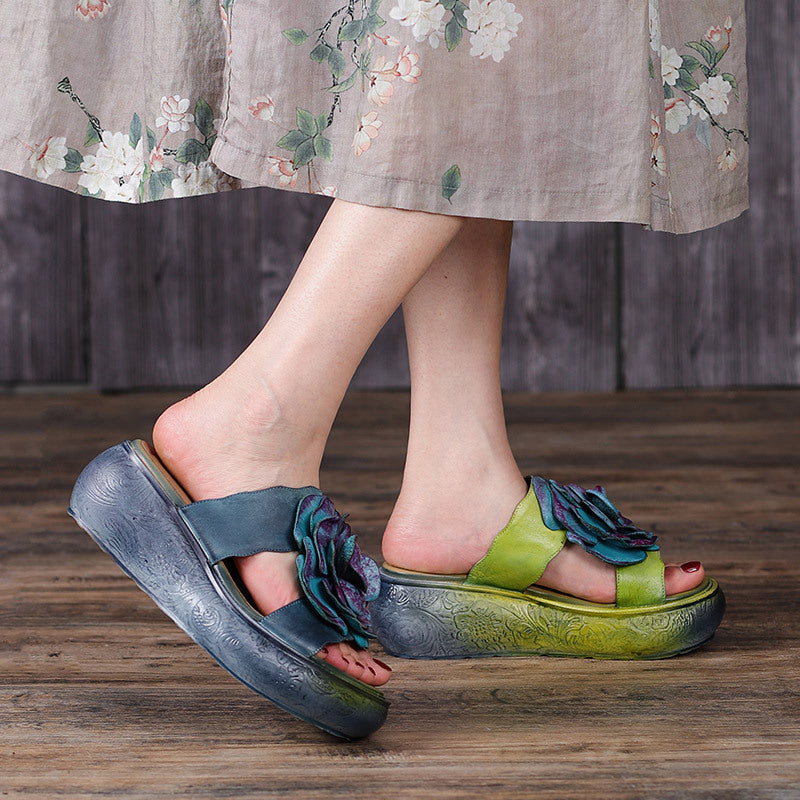Women Summer Vintage Leather Floral Platform Slippers