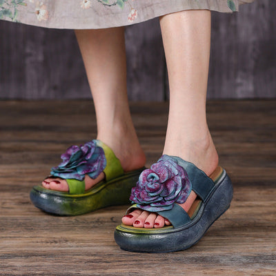 Women Summer Vintage Leather Floral Platform Slippers