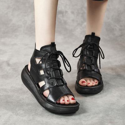 Women Summer Vintage Leather Hollow High Sandals Aug 2021 New-Arrival 35 Black 