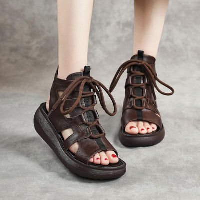 Women Summer Vintage Leather Hollow High Sandals Aug 2021 New-Arrival 35 Brown 