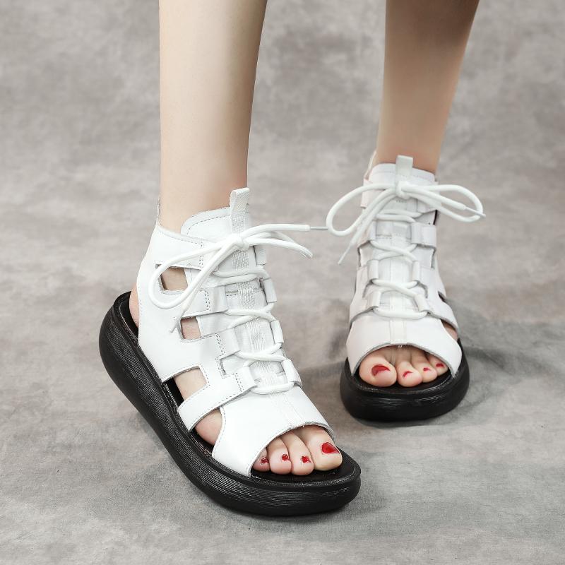 Women Summer Vintage Leather Hollow High Sandals Aug 2021 New-Arrival 35 White 