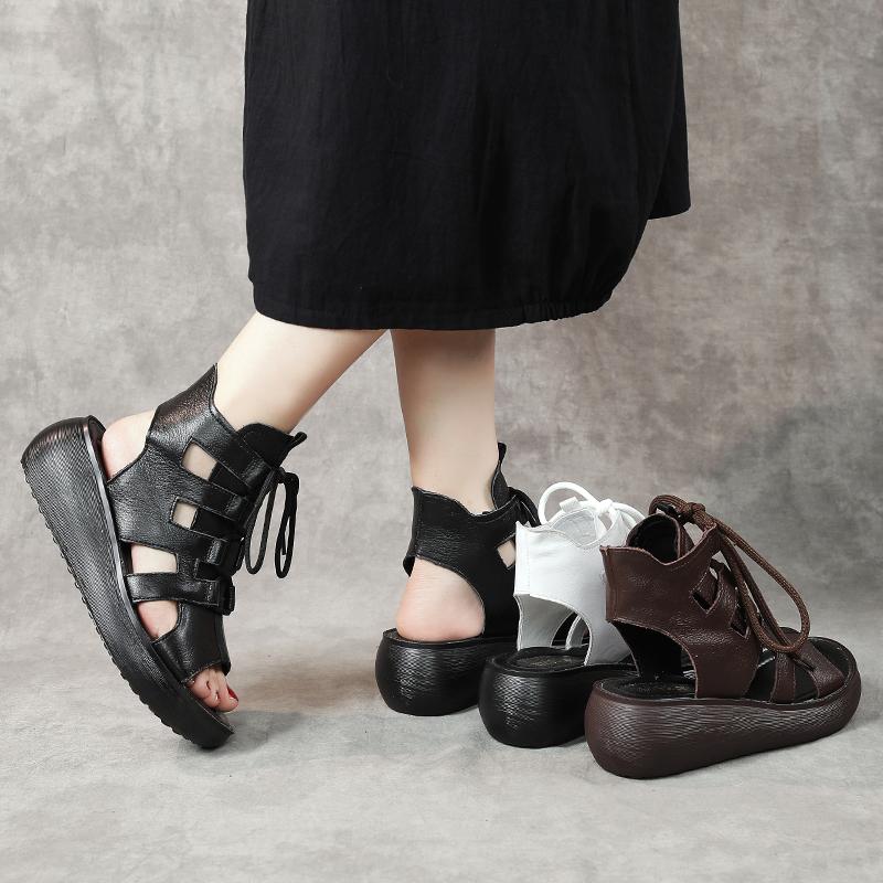 Women Summer Vintage Leather Hollow High Sandals