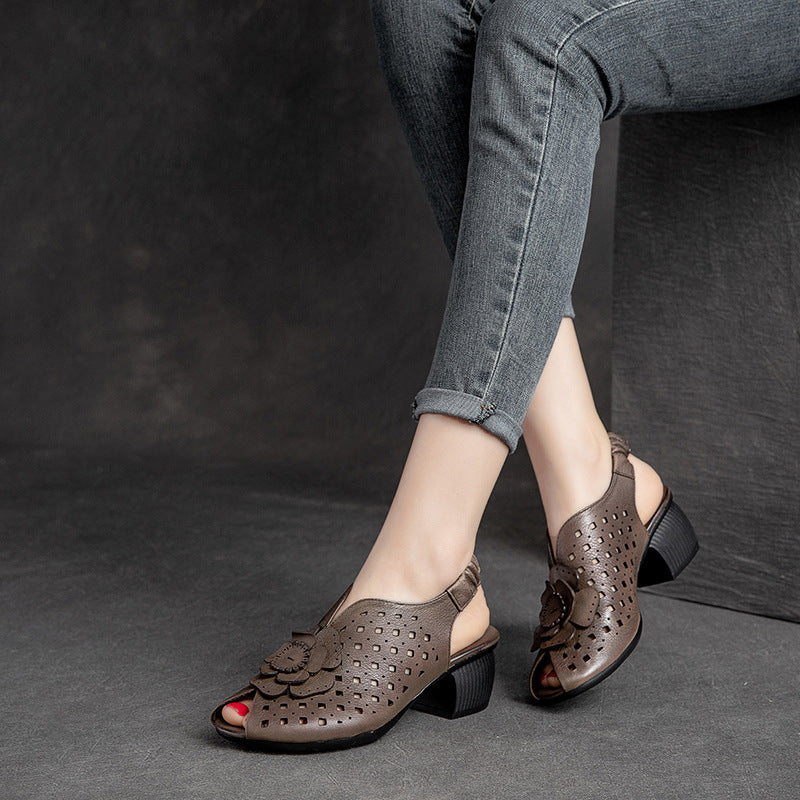 Women Summer Vintage Leather Wedge Floral Sandals Apr 2022 New Arrival 