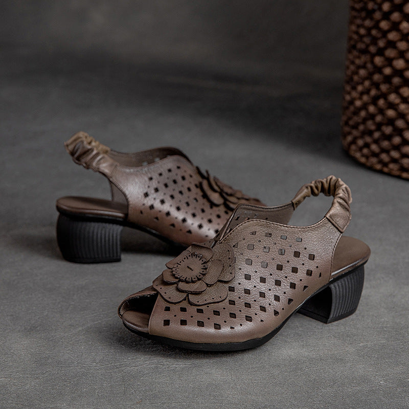 Women Summer Vintage Leather Wedge Floral Sandals
