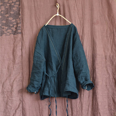 Women Summer Vintage Solid Linen Thin Cardigan May 2022 New Arrival Blue-Green One Size 