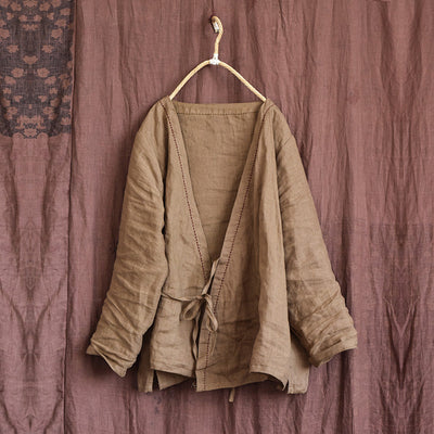 Women Summer Vintage Solid Linen Thin Cardigan May 2022 New Arrival Khaki One Size 