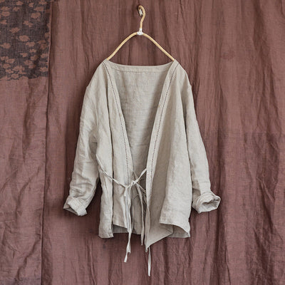 Women Summer Vintage Solid Linen Thin Cardigan May 2022 New Arrival Linen One Size 