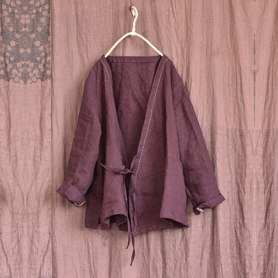 Women Summer Vintage Solid Linen Thin Cardigan May 2022 New Arrival Purple One Size 
