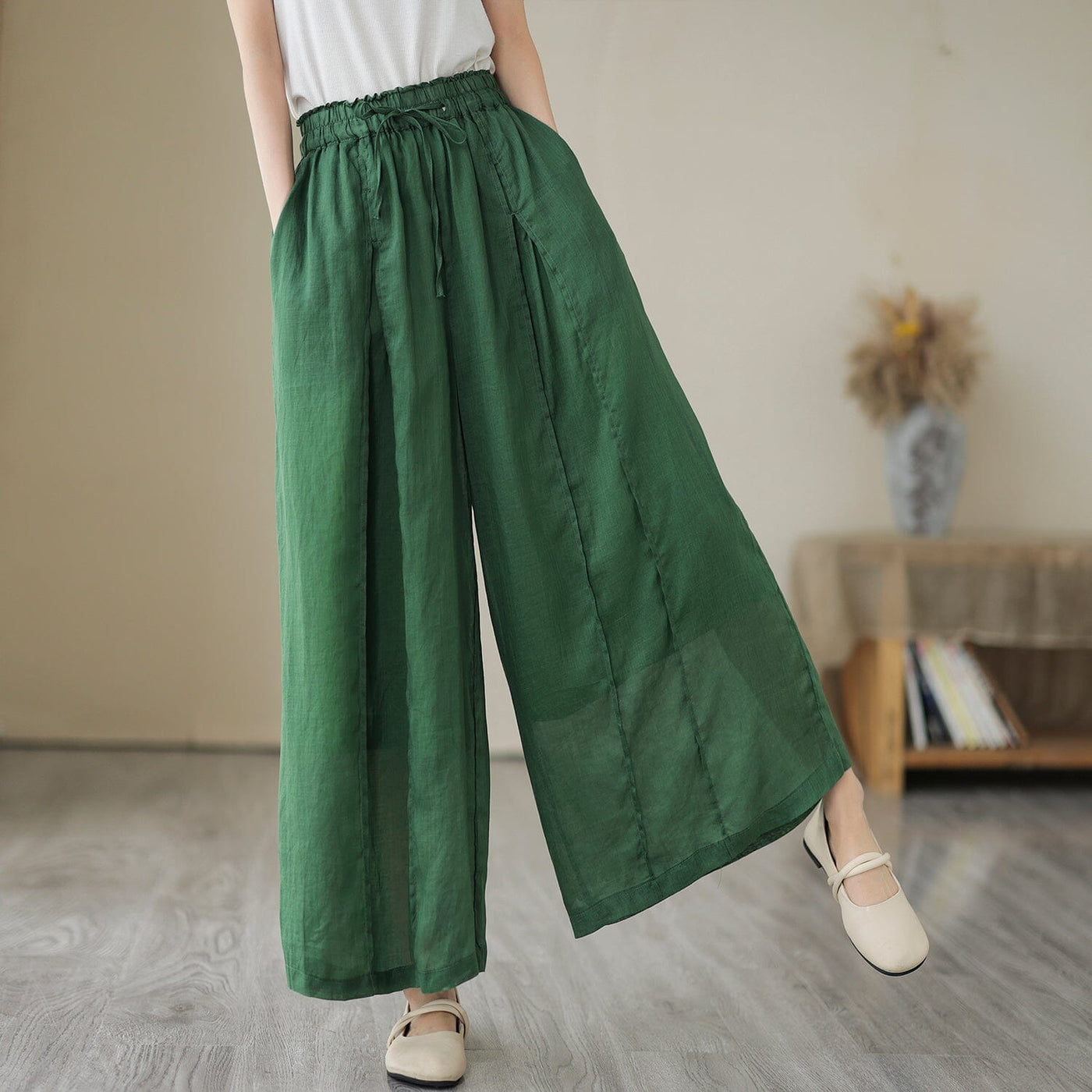 Women Summer Wide-Leg Linen Casual Pants Apr 2023 New Arrival One Size Green 