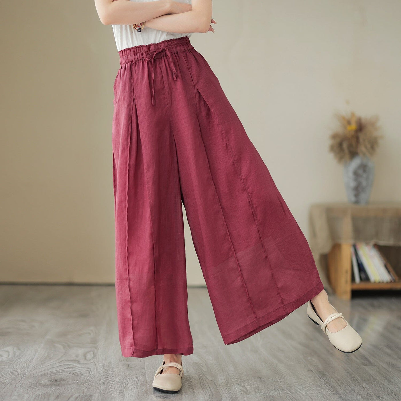 Women Summer Wide-Leg Linen Casual Pants Apr 2023 New Arrival One Size Rose Red 