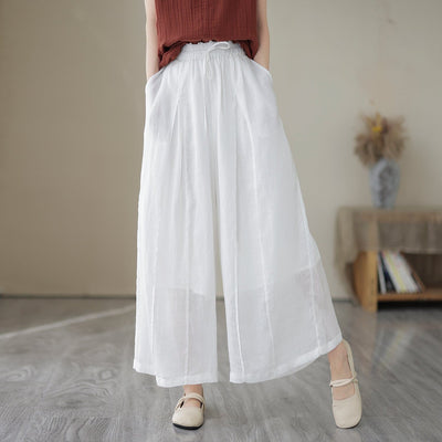 Women Summer Wide-Leg Linen Casual Pants Apr 2023 New Arrival One Size White 