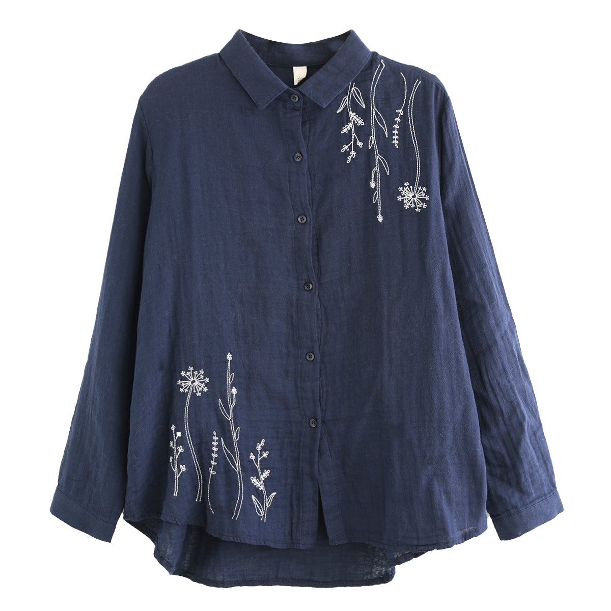 Women Vintage Floral Embroidery Cotton Long Sleeve Blouse