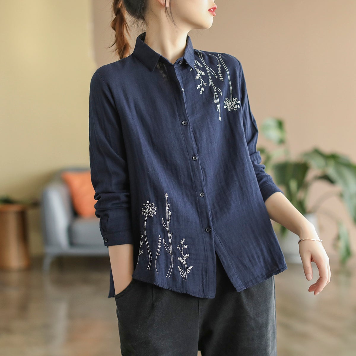 Women Vintage Floral Embroidery Cotton Long Sleeve Blouse Dec 2021 New Arrival One Size Blue 