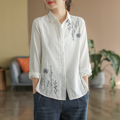 Women Vintage Floral Embroidery Cotton Long Sleeve Blouse Dec 2021 New Arrival One Size White 