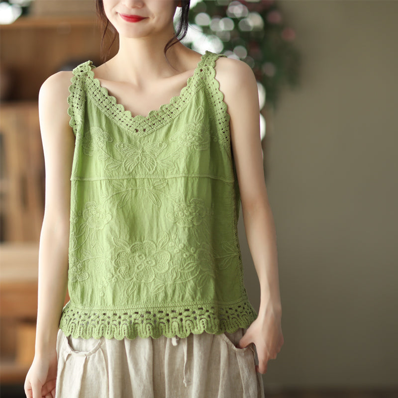 Women Vintage Floral Embroidery Hollow Trim Summer Vest Apr 2022 New Arrival One Size Green 
