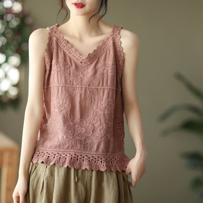 Women Vintage Floral Embroidery Hollow Trim Summer Vest Apr 2022 New Arrival One Size Pink 