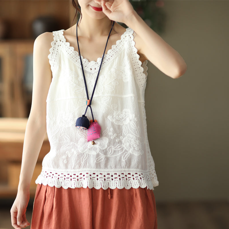 Women Vintage Floral Embroidery Hollow Trim Summer Vest Apr 2022 New Arrival One Size White 