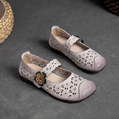 Women Vintage Hollow Leather Casual Flat Loafers May 2022 New Arrival Beige 35 