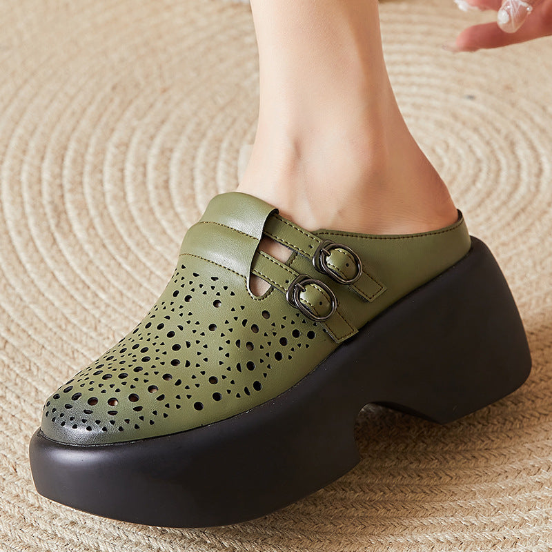 Women Vintage Hollow Leather High Heel Slippers Apr 2022 New Arrival Green 34 