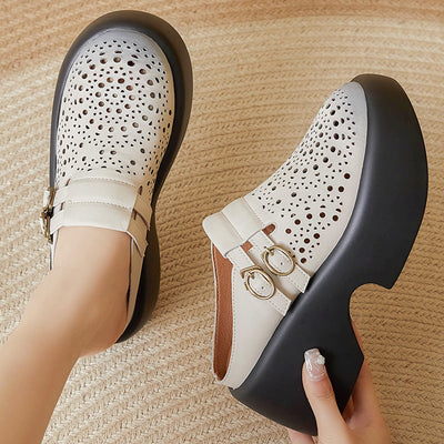Women Vintage Hollow Leather High Heel Slippers Apr 2022 New Arrival White 34 