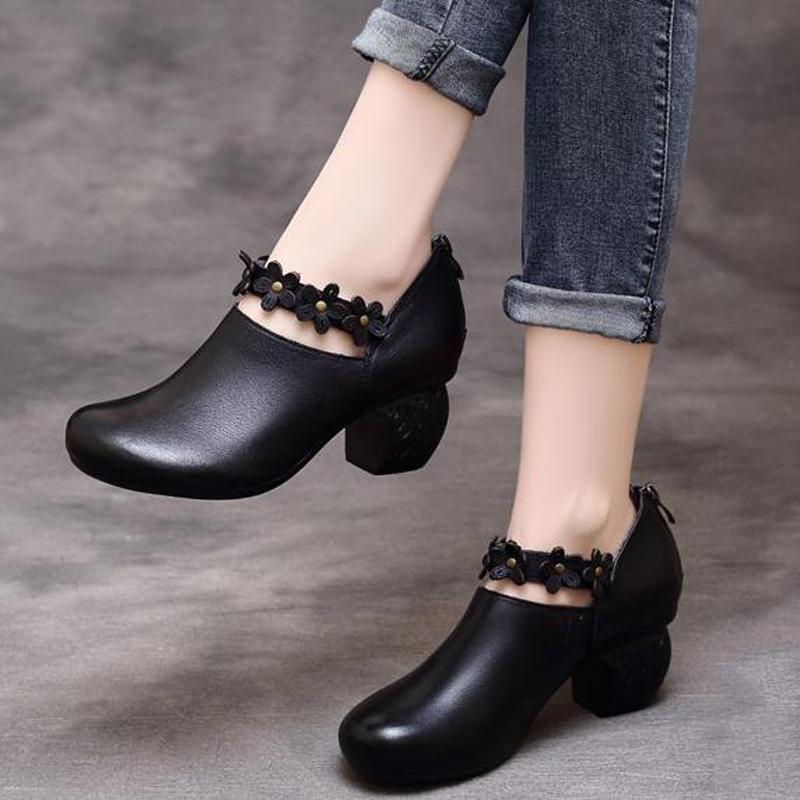 Women Vintage Round Toe Chunky Heels Shoes With Belt 2019 March New 35 Black 
